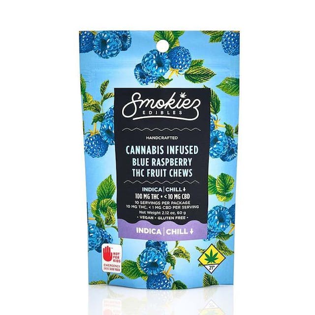 Enhanced with real cannabis terpenes! Smokiez Blue Raspberry Indica Fruit Chews are NOT YOUR AVERAGE FRUIT CHEWS™ ;) These fruit chews taste like fresh raspberries, with a juicy and slightly tangy taste that is reminiscent of ripe berries. These delicious fruit chews are a tasty and discreet way for you to medicate! They are also Vegan, Gluten Free, Dairy-Free, and contain NO High Fructose Corn Syrup. Each of our mouth watering fruit chews contain 10 mg of THC, and made with our high clarity cannabis distillate for great taste. There are 10 pieces per package with 100 mg active THC per package.