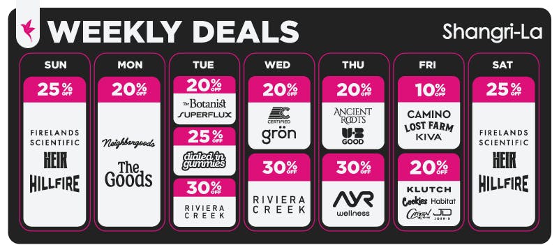 Shangri-La weekly cannabis deals for Warren, Butler, and Delphos featuring Firelands Scientific, Heir, Hillfire, Neighborhoods, The Goods, The Botanist, Superflux, Dialed In Gummies, Certified, Grön, Riviera Creek, Good Goods, Ancient Roots, AYR Wellness, Lost Farm, Kiva, Camino, Klutch, Habitat, Cookies, and Citizen by Klutch with daily discounts ranging from 10% to 30% off on select brands and products throughout the week.