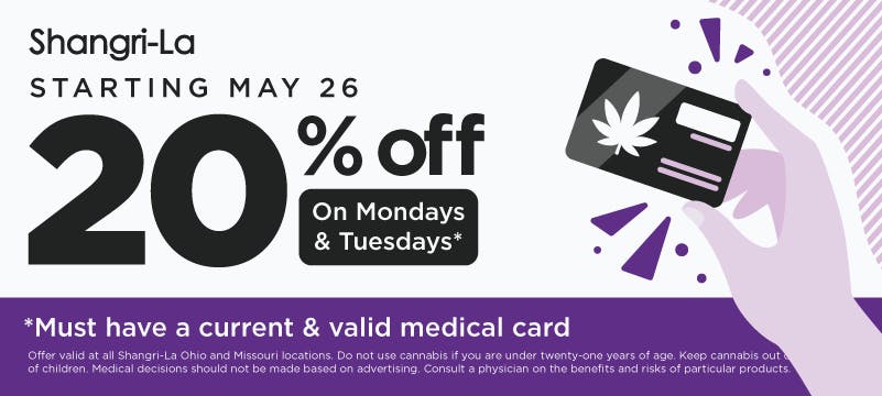 Promotional Shangri-La cannabis retail banner advertising a medical patient discount program beginning May 26. The design features large black “20% off” typography with supporting text reading “On Mondays & Tuesdays” against a light gray background with purple accent elements. A stylized illustration of a hand holding a medical cannabis card appears on the right side of the banner. The footer includes a bold disclaimer stating customers “Must have a current & valid medical card,” along with compliance language specifying the offer is valid at Shangri-La Ohio and Missouri dispensary locations and includes standard cannabis health and age restriction warnings.
