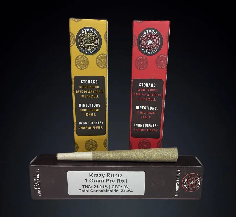Premium Flower Preroll Krazy Runtz (H)6 Point CannabisHybridTHC: 21.92%TERPS: 0.54%25% off orders over $200+1
