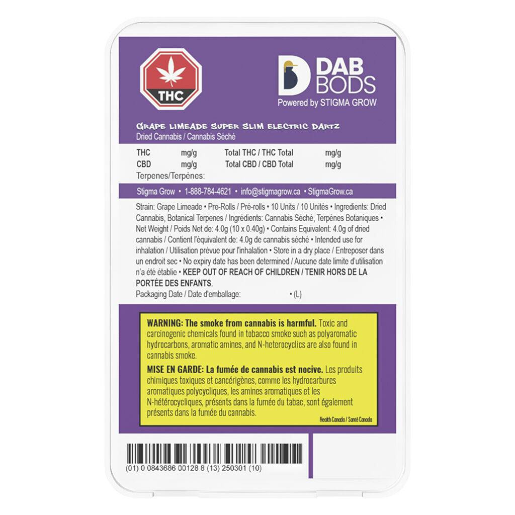 Dab bods - grape limeade super slim electric dartz - 10x0. 4g