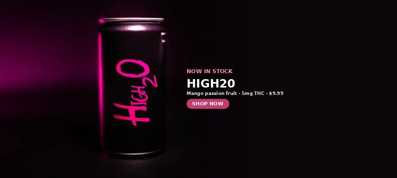 HIGH20 mango passion fruit cannabis-infused flavored water now in stock at MrGreen DC — 5mg THC, zero sugar, zero calories, $9.99 a can
