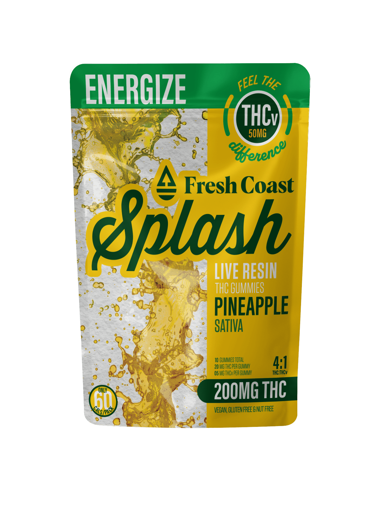 SPLASH | Live Resin Gummies - Pineapple  (Sativa) - 4:1, THC:THCv, 200mg