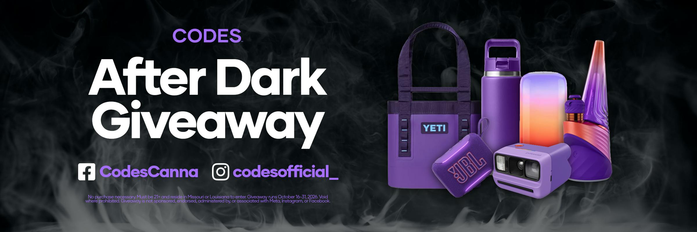 Promotional graphic for CODES’ “After Dark Giveaway” featuring purple-themed prizes, including a YETI cooler bag, JBL speaker, portable projector, glowing light, and accessories, against a dark, smoky background.