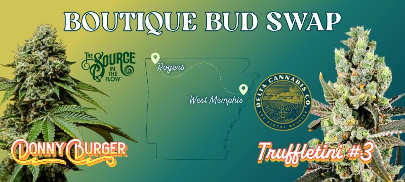 Boutique Bud Swap banner. A Donny Burger cannabis flower with The Source "In the Flow" logo on the left, and a Truffletini #3 flower with the Delta Cannabis Co. logo on the right. Between them, an outline map of Arkansas shows a dotted path connecting Rogers and West Memphis, on a gradient from gold to teal.