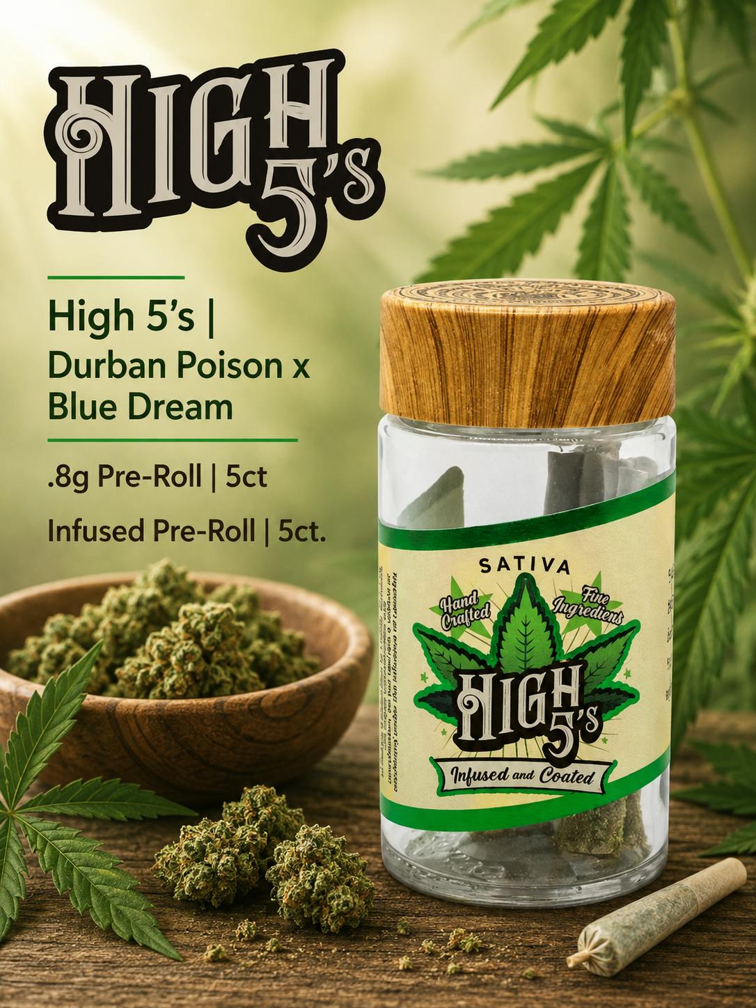 Product High 5's | Durban Poison x Blue Dream | .8g Pre-Roll | 5ct