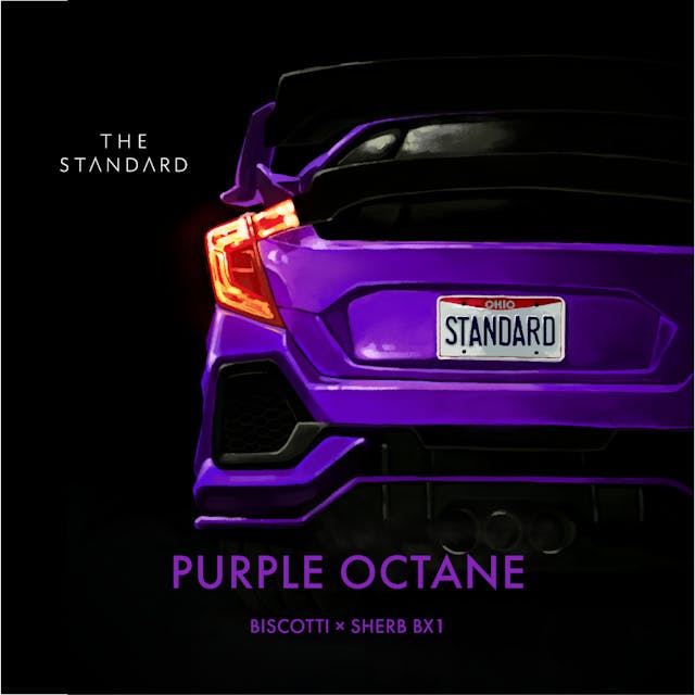 Purple Octane is an indica strain. This bud has small, rounded forest green nugs with deep purple undertones, thin light orange hairs and a frosty thick coating of deep purple-tinted white crystal trichomes.  It has aromas of spicy diesel and peppery grape wine. 

You'll find yourself suddenly feeling lifted and euphoric. At the same time, a light tingle will begin within your body, growing into a full buzz before locking you to the couch in a state of heavy soothing relaxation. A sleepy sense comes next, washing over you. These effects make Purple Octane a great choice for treating insomnia, anxiety, depression or mood swings, chronic pain and cramps. 	