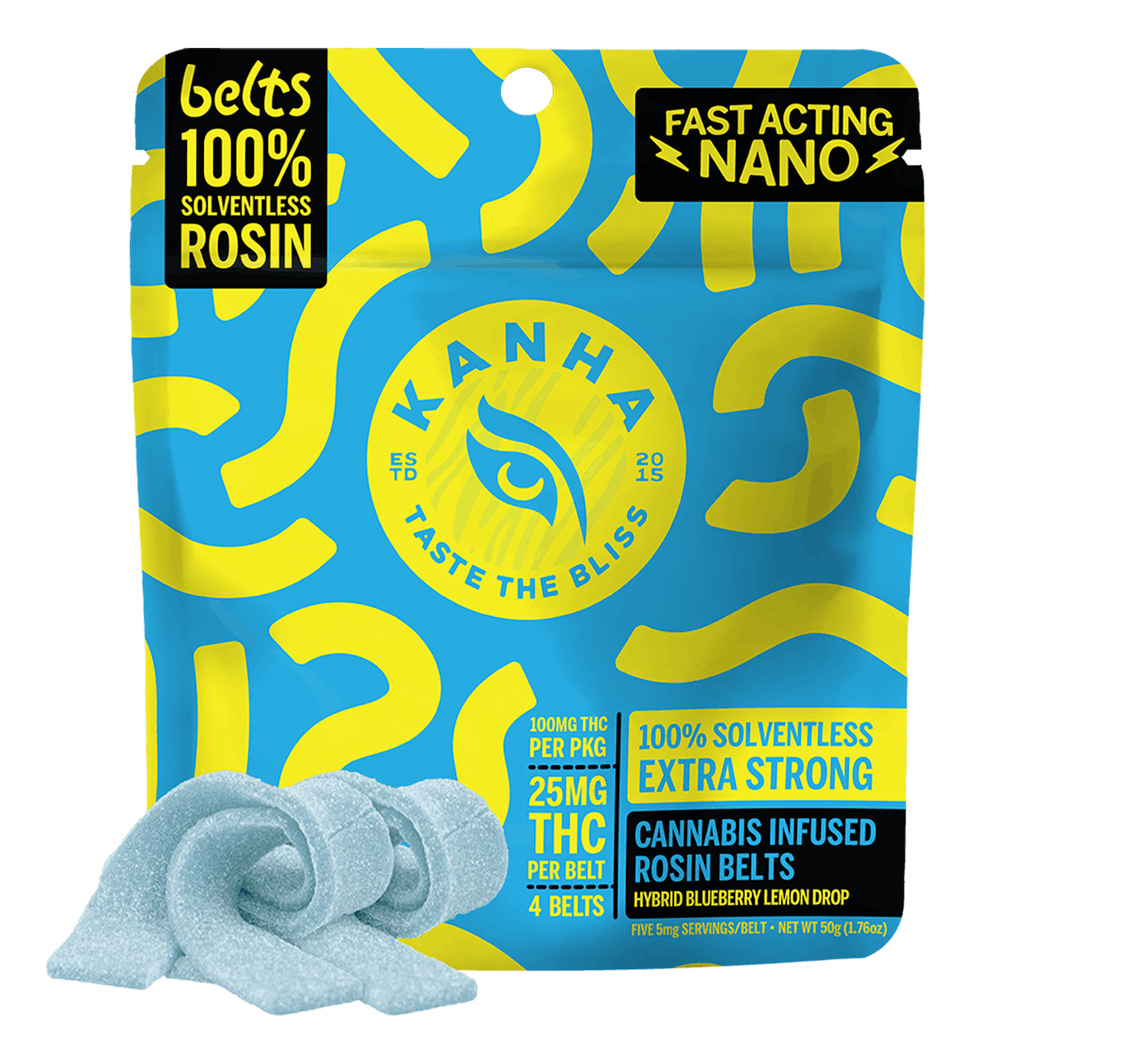 Photo of Kanha Blueberry Lemon Drop Live Rosin Belts 100mg 4pk