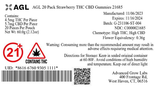 AGL 20 Pack Strawberry THC CBD Gummies 21685 Trulieve Bristol