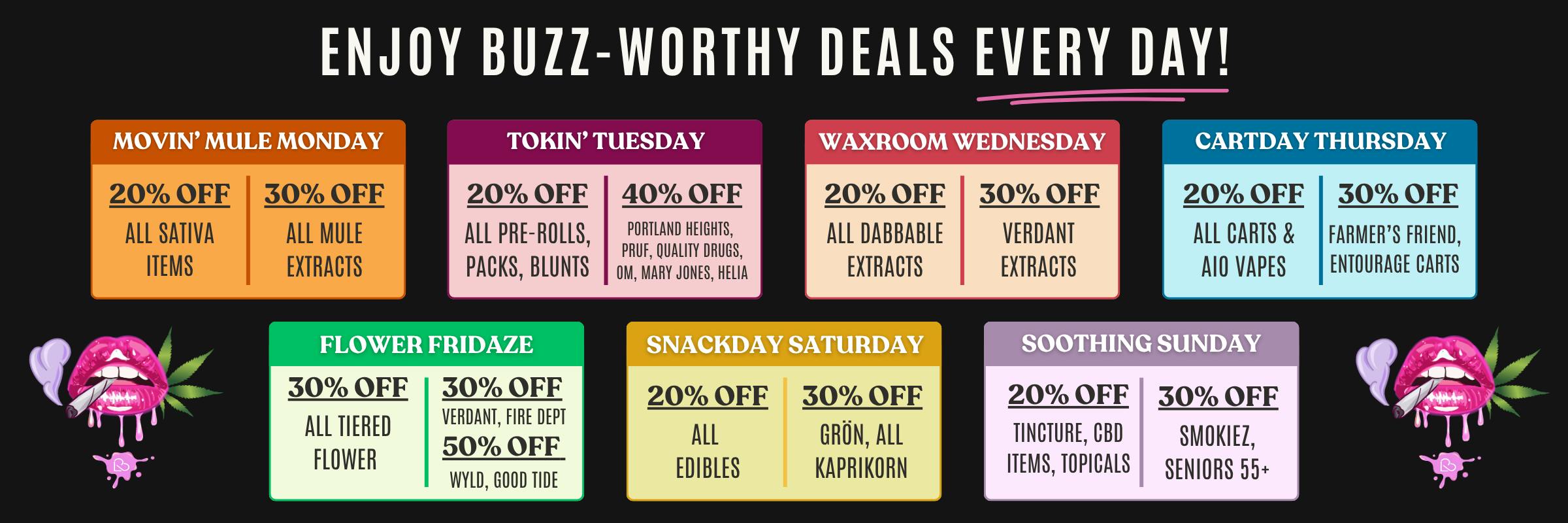 LoveBuzz Dispensary weekly deals banner: daily discounts including 20-50% off flower, edibles, extracts, and senior specials, Monday through Sunday.