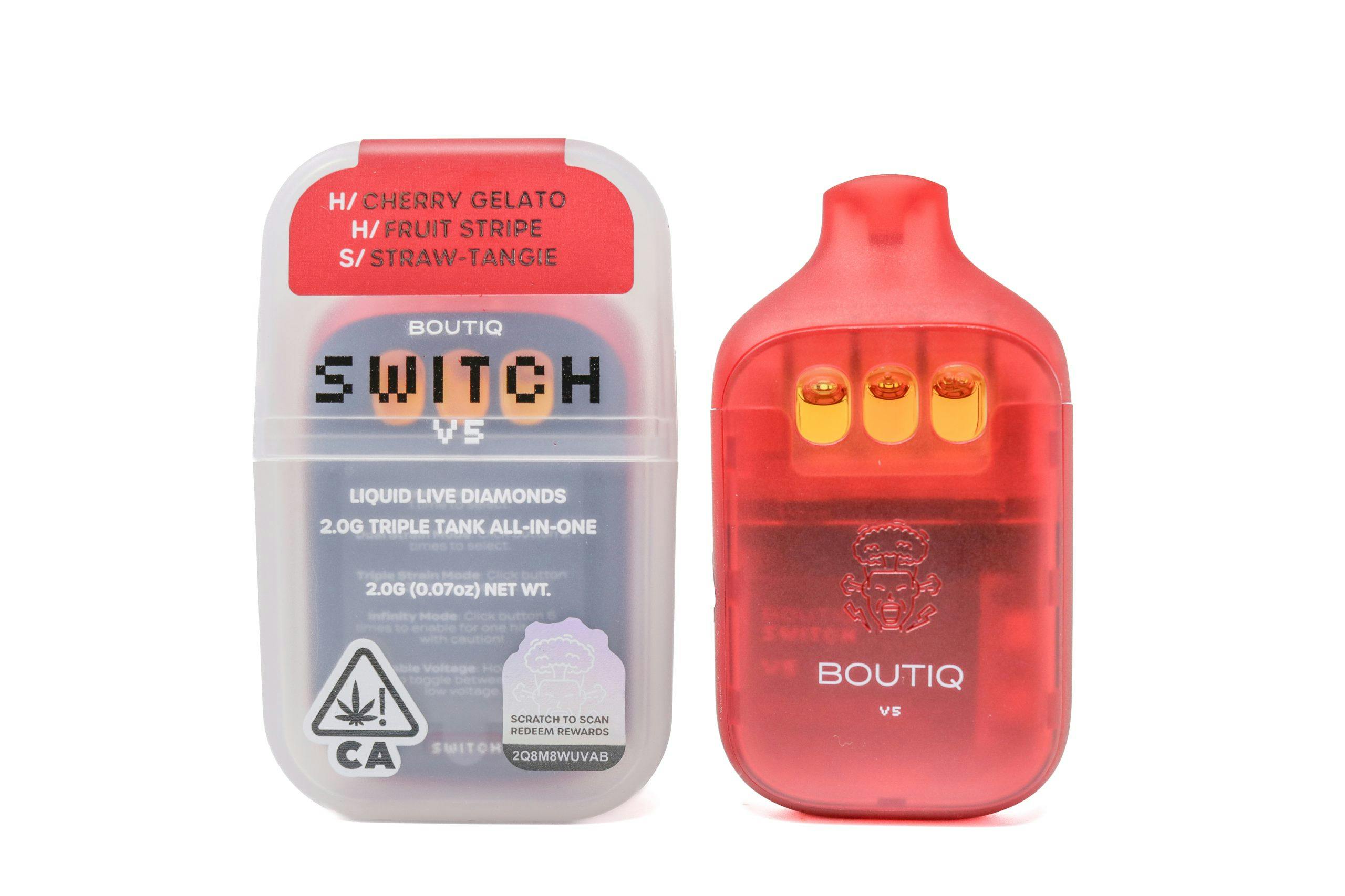 Cherry Gelato x Fruit Stripe x Straw-Tangie Liquid Live Diamonds Triple Tank Switch Disposable Hybrid by Boutiq – Vapes at Gatsby Cannabis