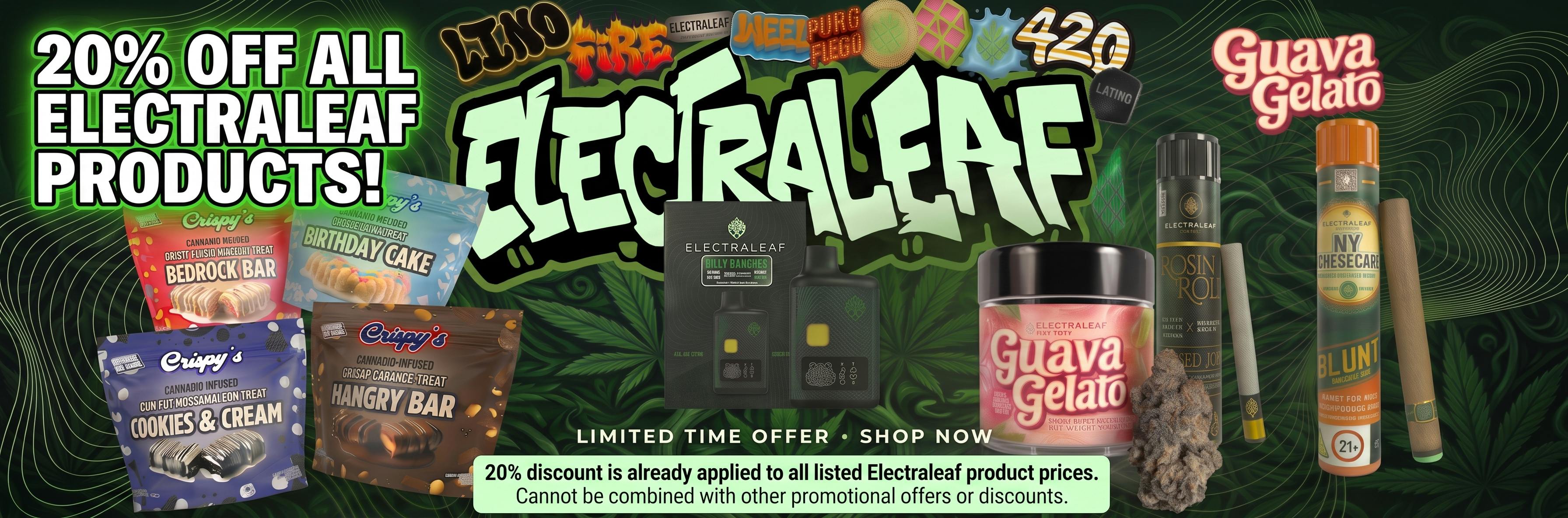 A promotional sale banner for Electraleaf cannabis products displaying a 20% discount offer. The banner showcases an assortment of items set against a dark green leafy background, including Crispy's cannabis-infused treats (Cookies & Cream, Hangry Bar, Birthday Cake, Bedrock Bar), vapes, pre-rolled joints, a packaged NY Cheesecake blunt, and a jar of Guava Gelato flower with a visible bud. A prominent bottom disclaimer reads: "Prices already reflect the 20% discount. Cannot be combined with other promotional offers or discounts."