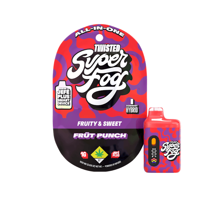 TYPE: Indica Dom. Hybrid
TASTING NOTES: Fruity & Sweet
Sweet, juicy, and unmistakably smooth, Früt Punch bursts with bright, punchy flavor and a mellow rhythm that follows. Each hit delivers fruity sweetness that’s perfect for unwinding while staying relaxed and in motion
TWISTED is a flavorful, high-strength concentrate that uses melted THCa diamonds for potency and all-natural terpenes for unique flavor profiles that are exciting and familiar. 
Introducing the upgraded Mfused Jefé Plus device! 
LED screen display
Dosing Timer – Time your hits to monitor vapor intake
Battery Life – Monitor battery level so you’re never caught off guard
Temperature Display – Easily see which temperature your device is set to
Cold Start Timer – Countdown timer to indicate when device is ready for usage
Spark Button allows for a fully customized cannabis experience
Two Taps – Cold Start: Preheat oil and prevent potential clogging issues
Three Taps – Change Temperature: Three different temperatures
Five Taps – On/Off: Control battery life by turning off device when not in use
Discreet size and ergonomic shape for convenience
Custom-designed atomizer tuned for each oil type and product line
Fast charging via USB-C with multi-day battery endurance
Zero harmful additives 
Independently tested to ensure product safety
Designed, tested and developed in the U.S. with our aerosol testing laboratory
Built-in seven-second safety timer prevents the atomizer from overheating