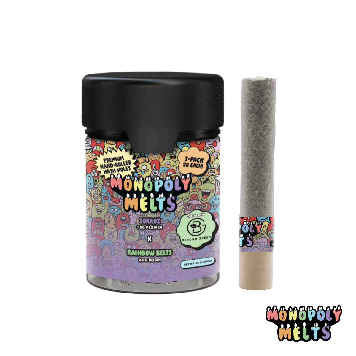 Zorroz x Rainbow Belts Hash Hole 3pk by Monopoly Melts – Pre-Rolls at Gatsby Cannabis