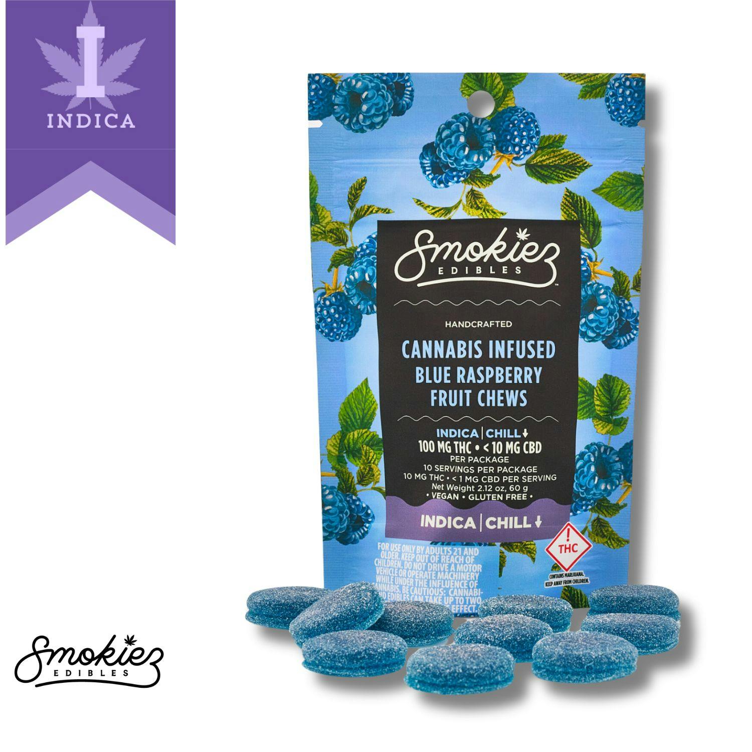 Sweet Blue Raspberry Indica 100mg Gummies by Smokiez • Pecos Valley  Production