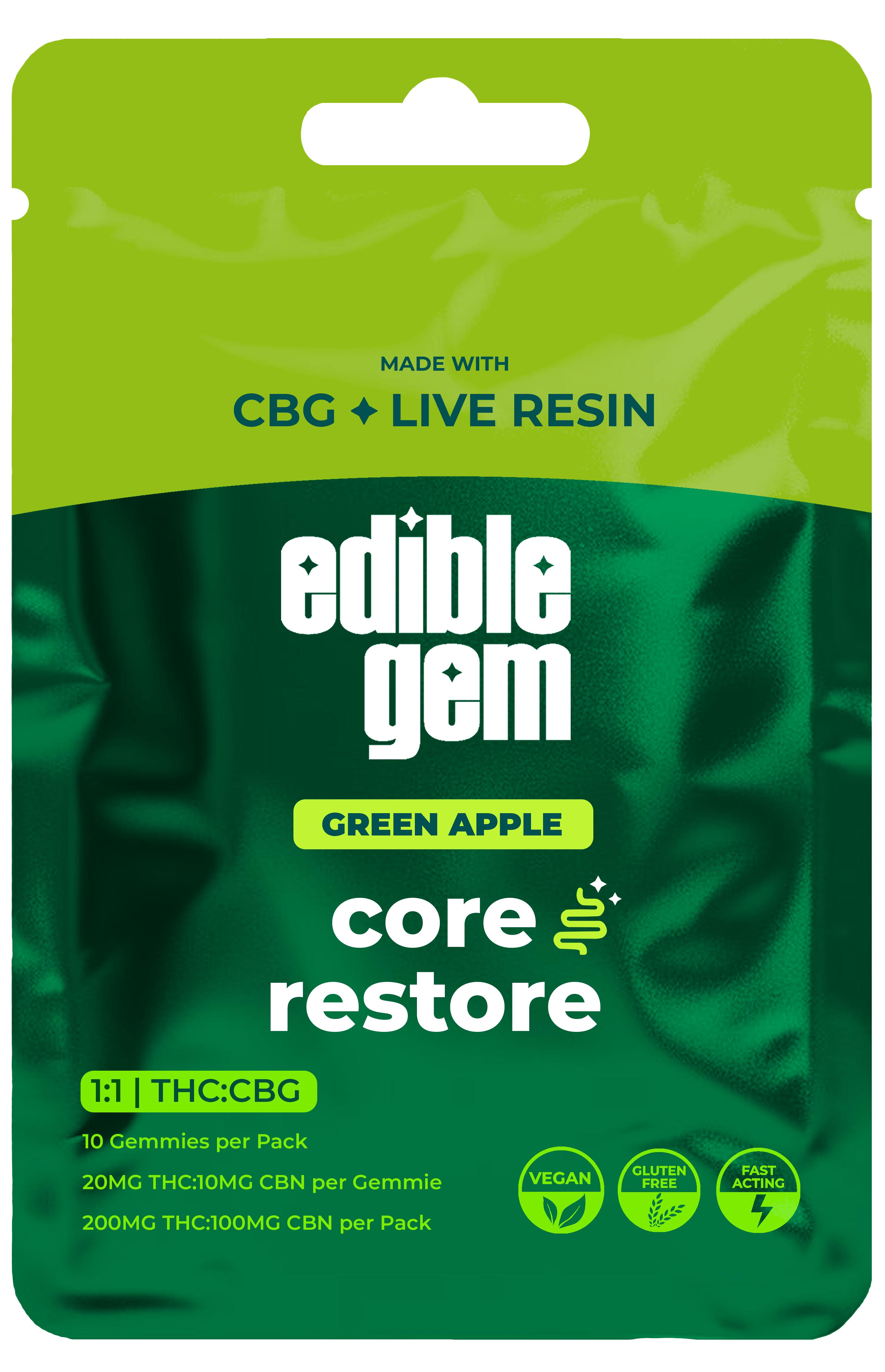 EDIBLE GEM | GREEN APPLE - LIVE RESIN 1:1 THC CBG GUMMIES | 200MG