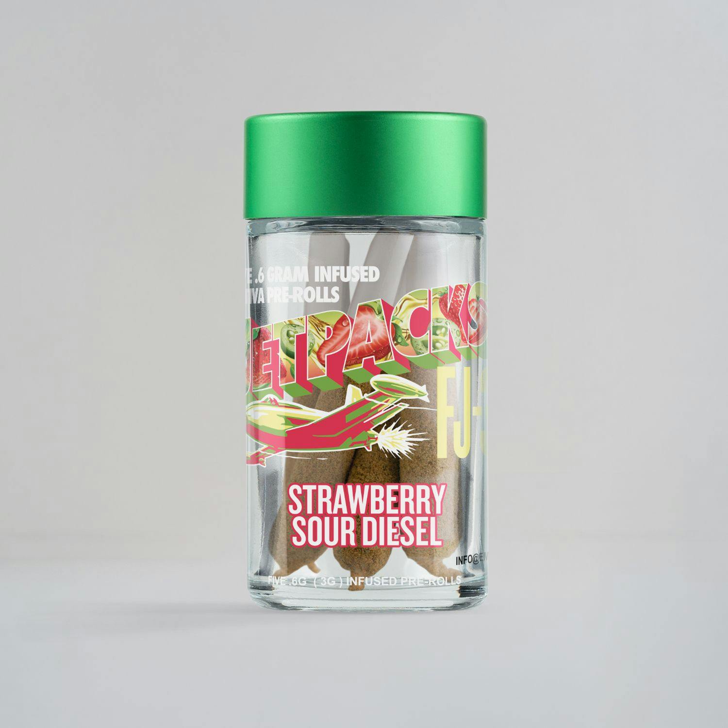 ソラ　クリーンショット、3Dジェルセット Jetpacks FJ-3 Strawberry Sour Diesel Infused PreRoll .6g 5pk