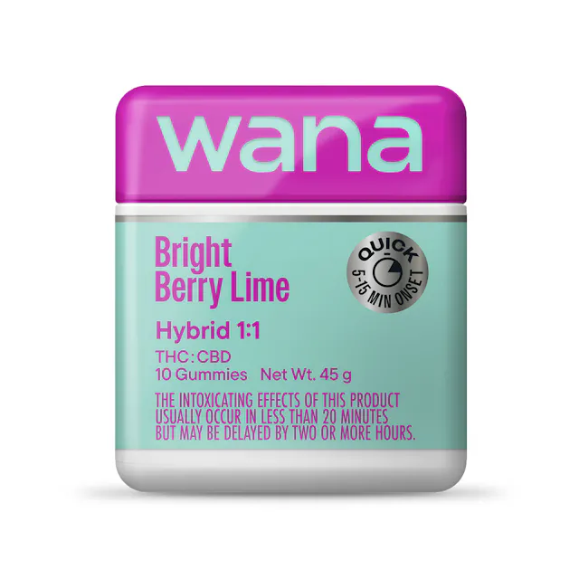 Wana Quick Gummies Bright Berry Lime 1 THC : 1 CBD 10pk/100mg (hybrid, 2.8g)