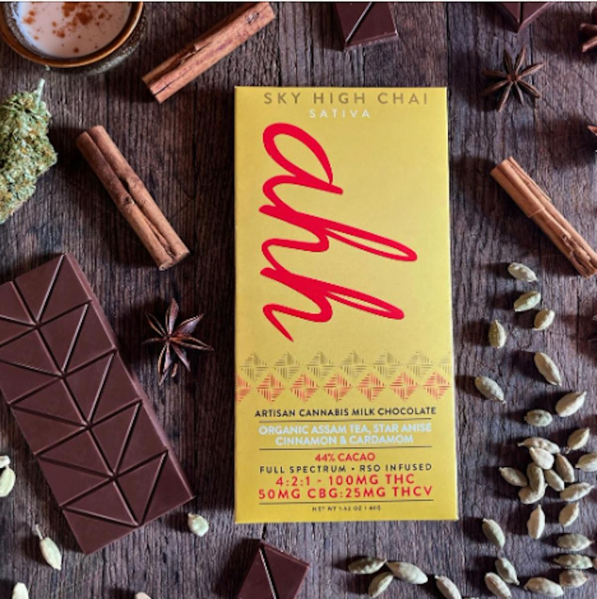 Photo of Ahh 4:2:1 Sky High Chai Cinnamon & Cardamom Milk Chocolate Bar 100mg 20pk (THC:CBG:THCV)