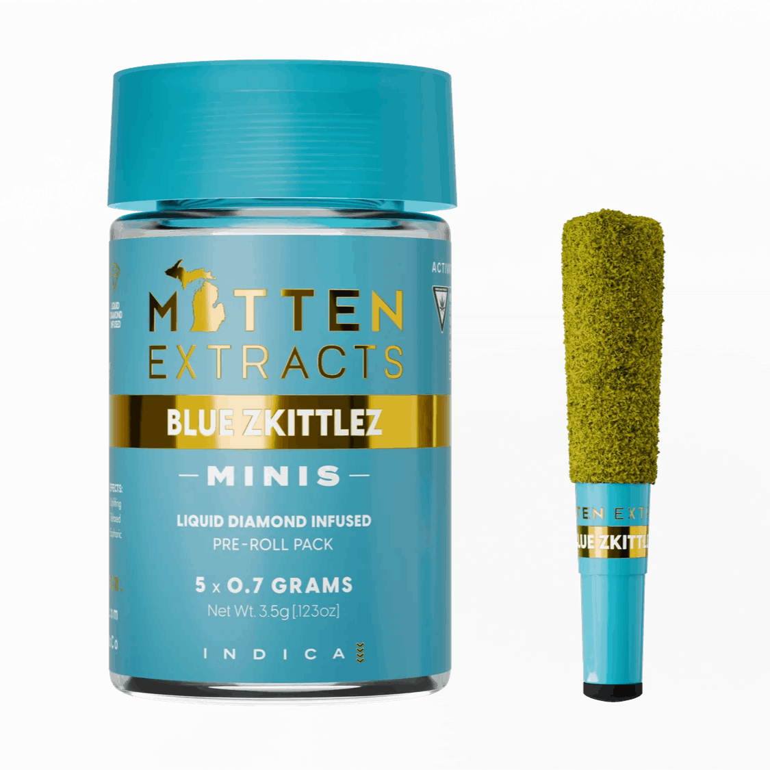 Product: MITTEN EXTRACTS | BLUE Z | INFUSED PRE-ROLLS | 5 x 0.7G INDICA