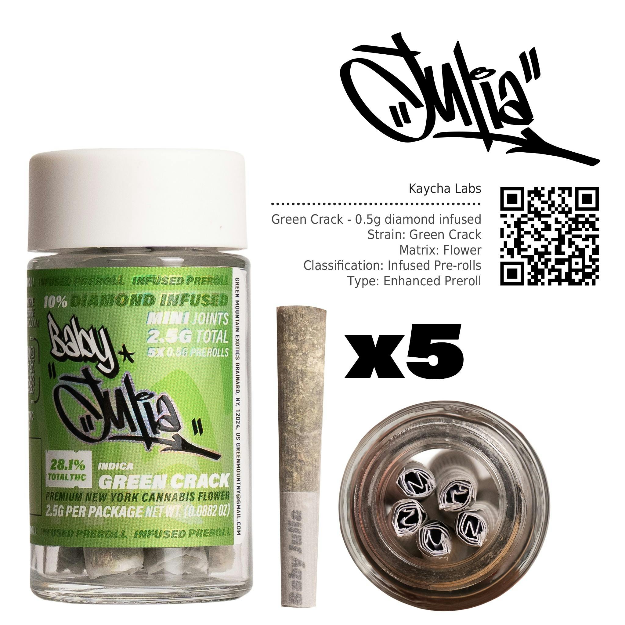 Julia | Baby Julia | Infused Prerolls | Diamond Infused | Green Crack | 0.5g | 5 Pack | 2.5g | Indica | THC 28.1% Julia