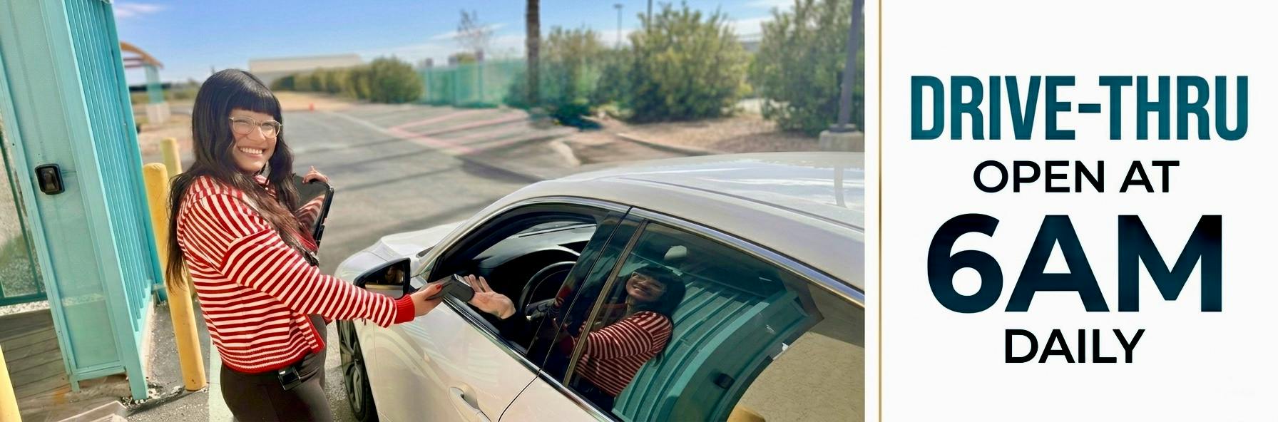 Jet Room Adelanto dispensary drive-thru banner featuring a smiling budtender handing a payment terminal to a customer in a white car with bold text reading Drive-Thru Open at 6AM Daily.