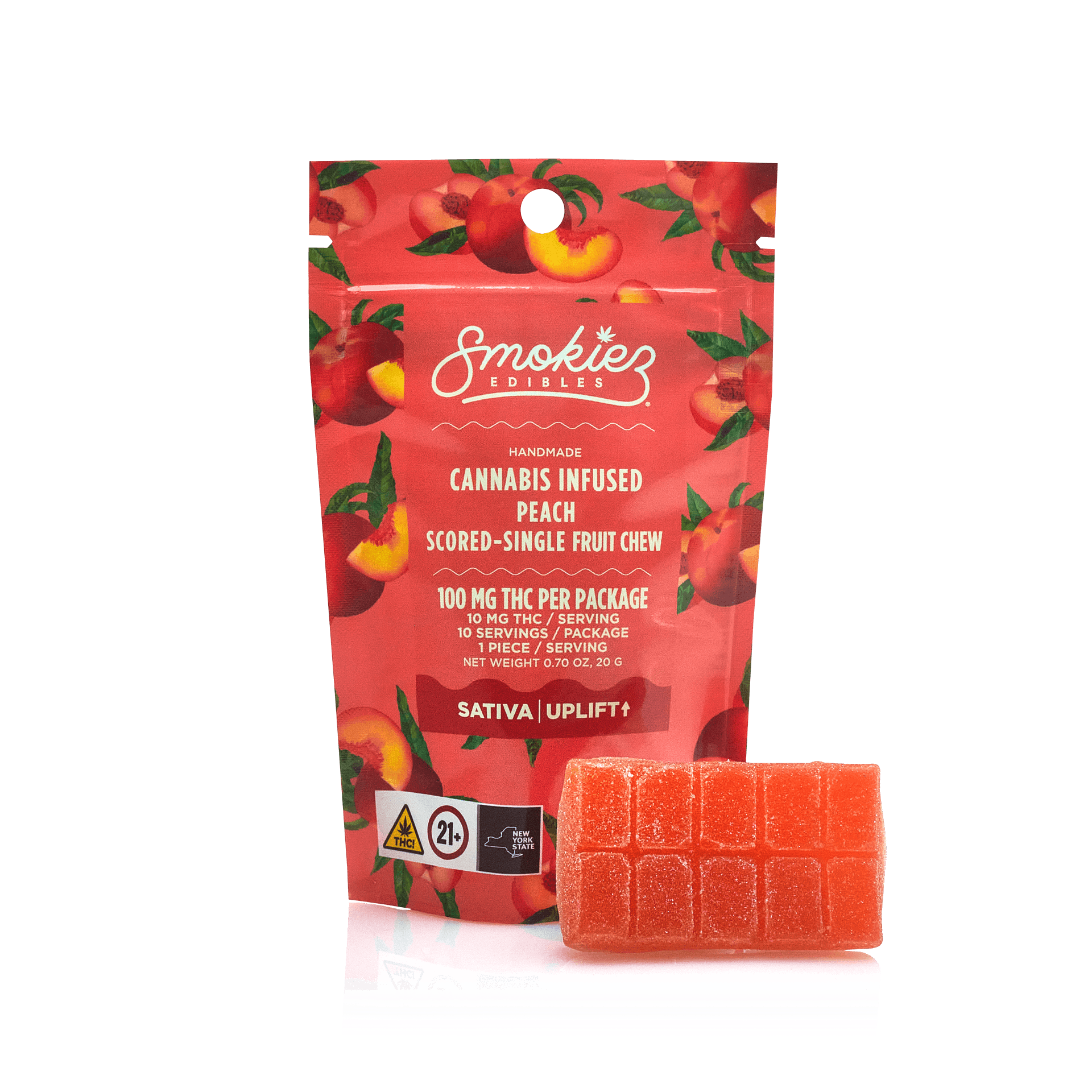 image of Sour Peach Sativa Scored-Single Piece 100mg THC Fruit Chew
