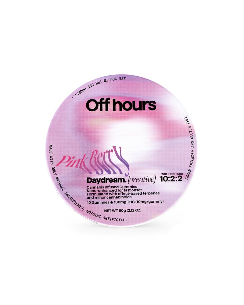 Gummies 100mg | Daydream Pink BerryOff HoursHybridTHC: 100 mgTERPS: 0.07%25% off orders over $200+1