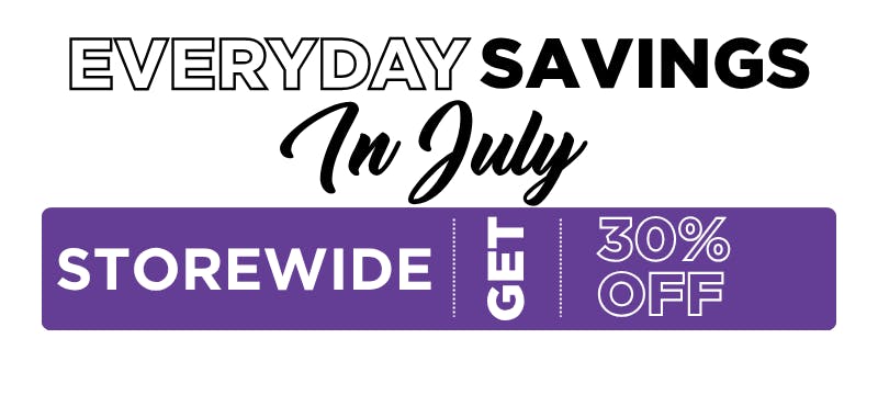 Banner promoting Everyday Savings in July featuring a storewide 30% off cannabis promotion at Shangri-La, with bold purple promotional graphics highlighting ongoing monthly savings.