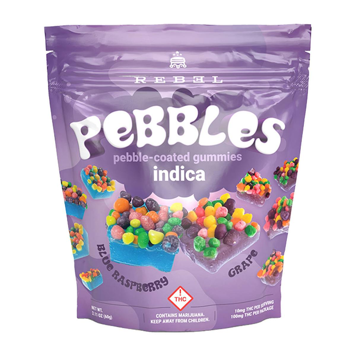 Photo of Rebel Edibles | Pebbles Gummies | Blue Raspberry & Grape (Indica)