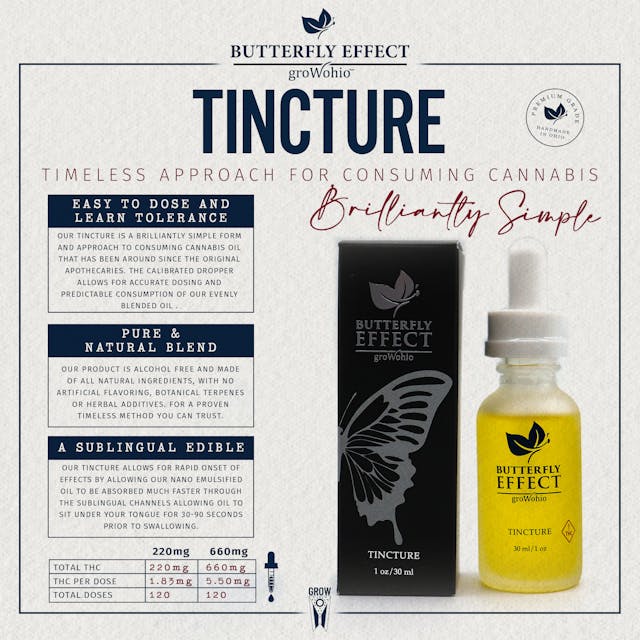 The Butterfly Effect Premium Wellness Tinctures provide all-natural, full spectrum, CO2 derived cannabis oil with zero botanical terpenes. Created to deliver maximum THC access and rapid onset, our alcohol free, all-natural cake flavor Tincture contains 660mg THC per bottle. *Shake before using. Refrigerate after opening. 

