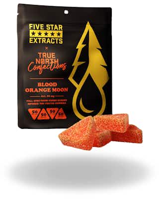 Product: True North Confections x Five Star Extracts | Blood Orange Moon Full Spectrum Cured Badder Infused Gummies 4pc | 200mg
