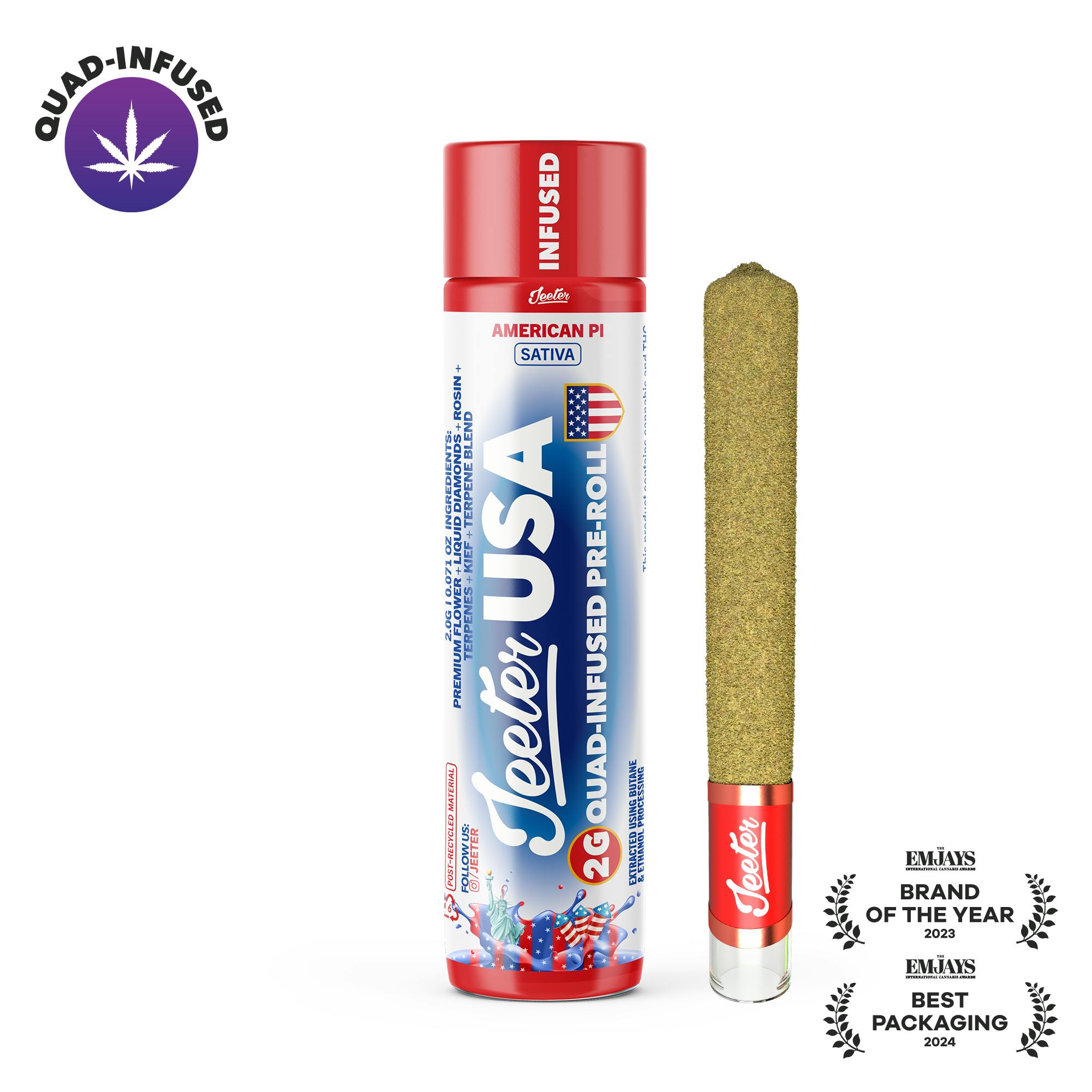 Jeeter American PI Infused W/ Liquid Diamonds, Rosin, Dusted In Kief Glass Tip Joint - Sativa