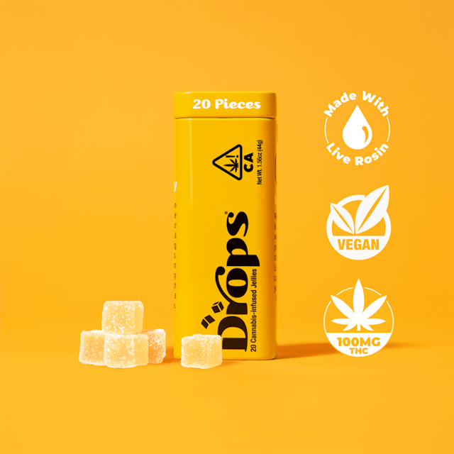 Made with Strain-Specific Live Rosin Strain: Sour Strawberry (sativa) Effect: Active. Uplifting & Clear-Headed. Dosage: 100mg THC Pieces: 20