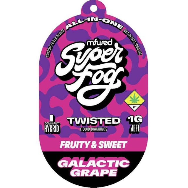 TYPE: Indica Dom. Hybrid TASTING NOTES: Fruity & Sweet -- Orbit the Earth with Galactic Grape, the vape that offers an out-of-this-world, juicy grape flavor. It’s your sweet escape, like sipping your favorite grape drink while wearing a sweet space suit. Take your taste buds on a trip into the grape beyond! -- TWISTED is a flavorful, high-strength concentrate that uses melted THCa diamonds for potency and all-natural terpenes for unique flavor profiles that are exciting and familiar. -- Powered by the Mfused Jefé: + High potency effects from melted THCa diamonds + Mouth-watering flavors from all-natural terpenes + New ergonomic shape is comfortable, discreet and convenient + Custom-designed atomizer is tuned for the most authentic expression of our extracts + Designed, tested and developed in the U.S. with our aerosol testing laboratory + Spark Button allows for a fully customized cannabis experience + Button controls device ON/OFF, cold-start and variable temperature settings + Fast charging via USB-C with multi-day battery endurance + Zero harmful additives + Independently tested to ensure product safety