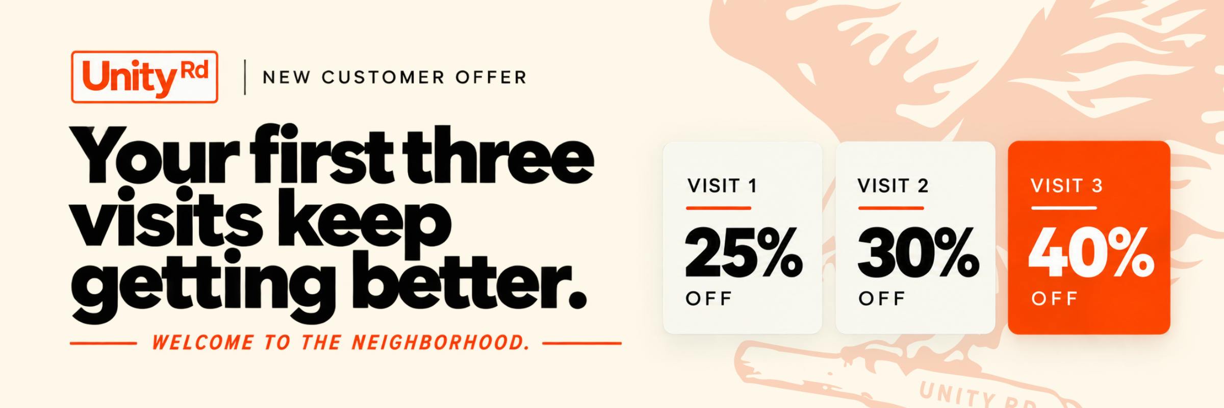Unity Rd. new customer offer — 25%, 30%, then 40% off your first three visits.
