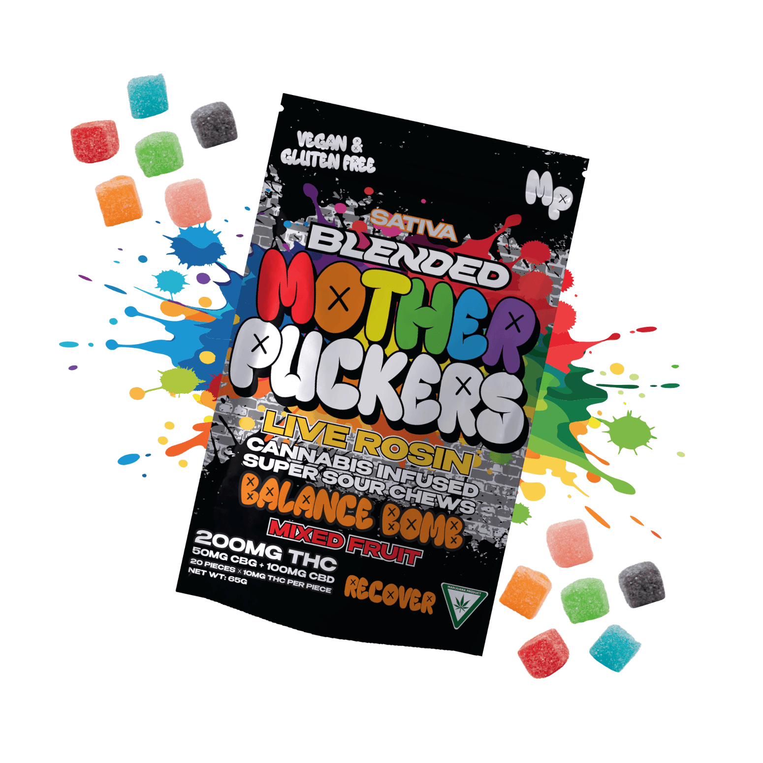 Product: Mother Puckers | Live Rosin Fruit Chews - 200mg - Balance Bomb: Mixed Fruit (CBD+CBG)