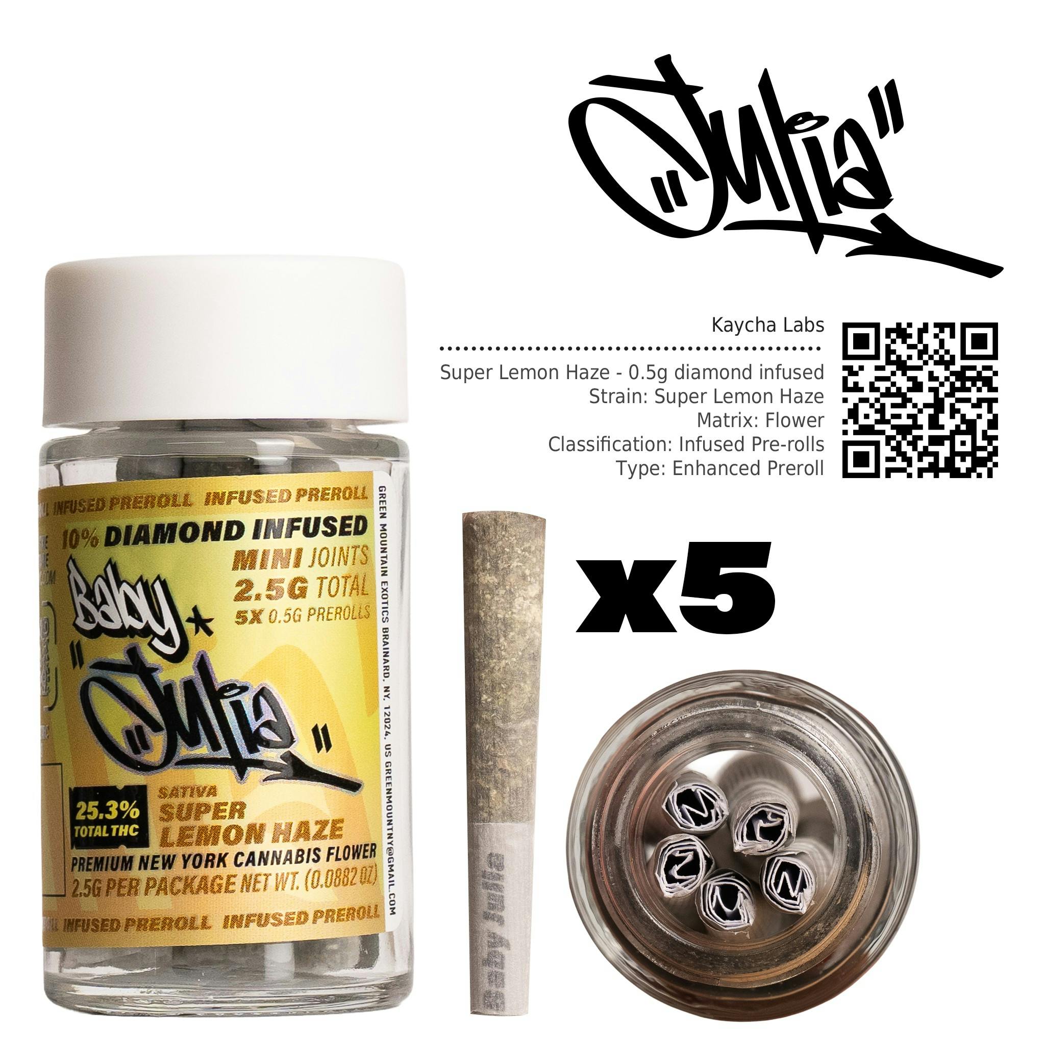 Julia | Baby Julia | Infused Prerolls | Diamond Infused | Super Lemon Haze | 0.5g | 5 Pack | 2.5g | Sativa | THC 25.3% Julia