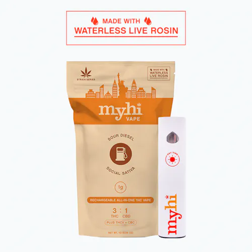 Sour Diesel Sativa (3:1 THC:CBD + THCv & CBC) – Waterless Rosin AIO Disposable Vape – 1g-3
