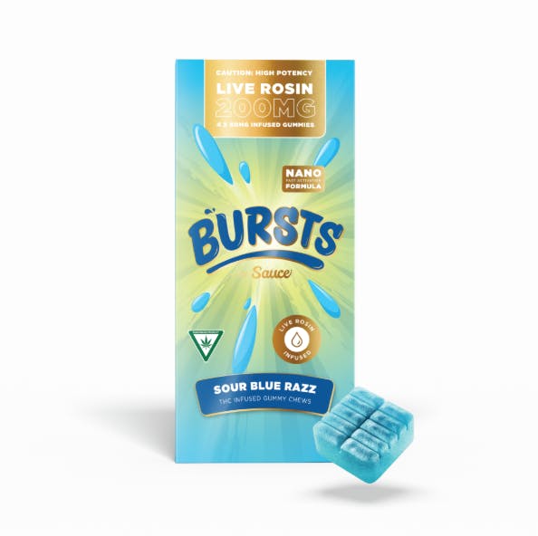 Product: Sour Blue Razz Bursts | 50mg x 4pk | Live Rosin Infused | Sauce