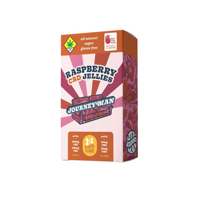 A burst of fruity goodness and true berry bliss – Journeyman Raspberry Jellies feature a 1:1 CBD ratio for a well rounded stoney paradise that feels just as good as it tastes.All-Natural, Vegan and Gluten Free100mg CBD/100mg THC, 10-pack (10mg CBD/10mg THC each)