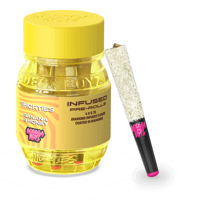 Bodega Boyz Shorties 4pk Diamond Infused, Diamond Coated Pre-rolls 2.8g- Banana Honey- IndicaBODEGA BOYZIndicaTHC: 40.77%TERPS: 0.41%25% off orders over $200+1
