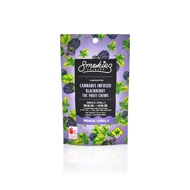 Enhanced with real cannabis terpenes! Smokiez Sweet Blackberry Indica Fruit Chews are NOT YOUR AVERAGE FRUIT CHEWS™ ;) These fruit chews taste like fresh blackberries, with a juicy and slightly tangy taste that is reminiscent of ripe berries. These delicious fruit chews are a tasty and discreet way for you to medicate! They are also Vegan, Gluten Free, Dairy-Free, and contain NO High Fructose Corn Syrup. Each of our mouth watering fruit chews contain 10 mg of THC, and made with our high clarity cannabis distillate for great taste. There are 10 pieces per package with 100 mg active THC per package.
