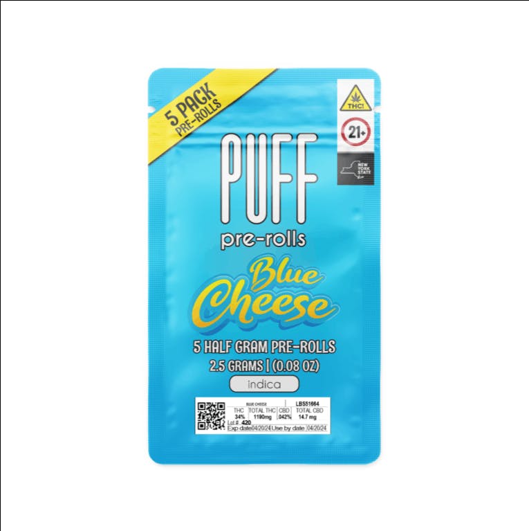 Product Puff - 2.5g 5 Pack Pre Rolls - Indica - Blue Cheese