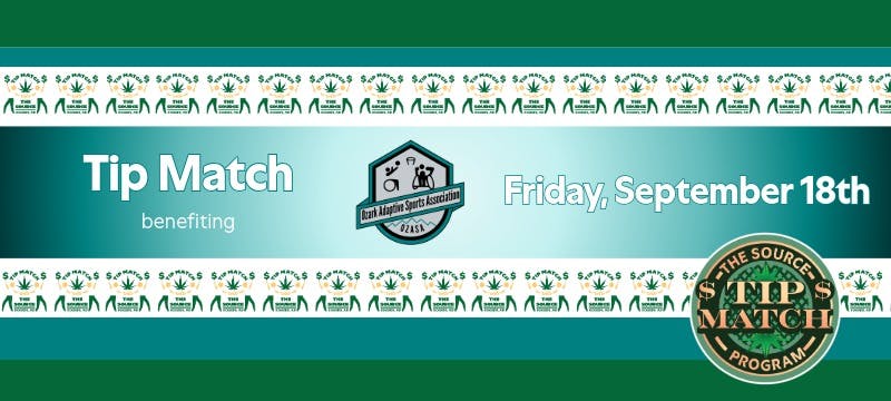 Promotional banner for The Source Dispensary's Tip Match Program on Friday, September 18th, benefiting Ozark Adaptive Sports Association, with repeating cannabis leaf logo pattern on teal and green background.