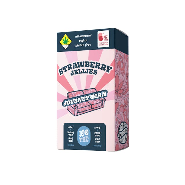 The perfect balance of sweet and tart packed with THC. A ripe berry bite you can pick all year round, Journeyman Strawberry Jellies are our weedy spin on a deliciously radical classic treat. All-Natural, Vegan and Gluten Free 100mg THC, 10-pack (10mg THC each)
