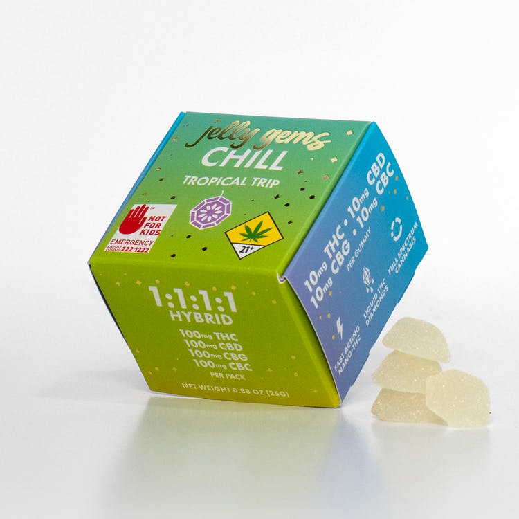 Jelly Gems: THC/CBD/CBG/CBC 1:1:1:1 Tropical Trip Chill (Hybrid) - 10pk 400mg