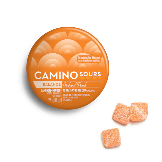 Camino Gummies Sours Balance-Orchard Peach 1 CBD : 1 THC 10pk/100mg (hybrid, 2.8g)