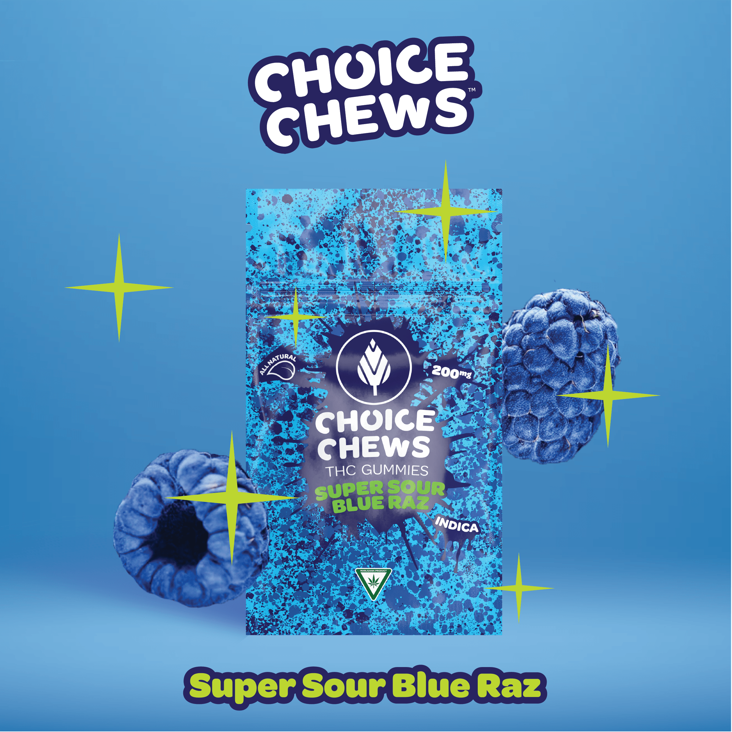 Choice Chews CHOICE CHEWS | SUPER SOUR BLUE RAZ CHEWS | 200MG | INDICA — EDIBLES