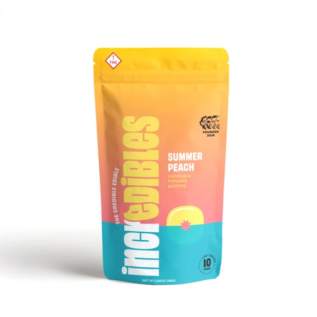 Shake my tree. A cool breeze, hand-picked peaches, and the sun fading beneath the horizon. Now that's a summer state of mind. incredibles Summer Peach gummies offer 100mg THC total, with 10mg THC per gummy. Made with pure THC distillate in a homogeneous mixture to ensure accurate dosing and consistency.

Exact potency will vary slightly from batch to batch. 
